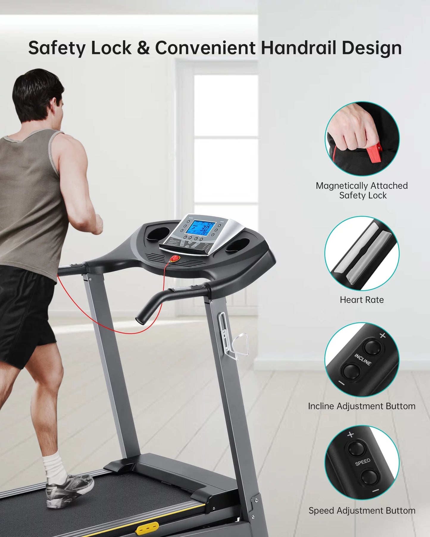 Folding Electric Treadmill with 12-Level Automatic Incline, 2.5 HP Motor, 8.5 MPH Speed, and 15 Preset Training Programs for Home Use