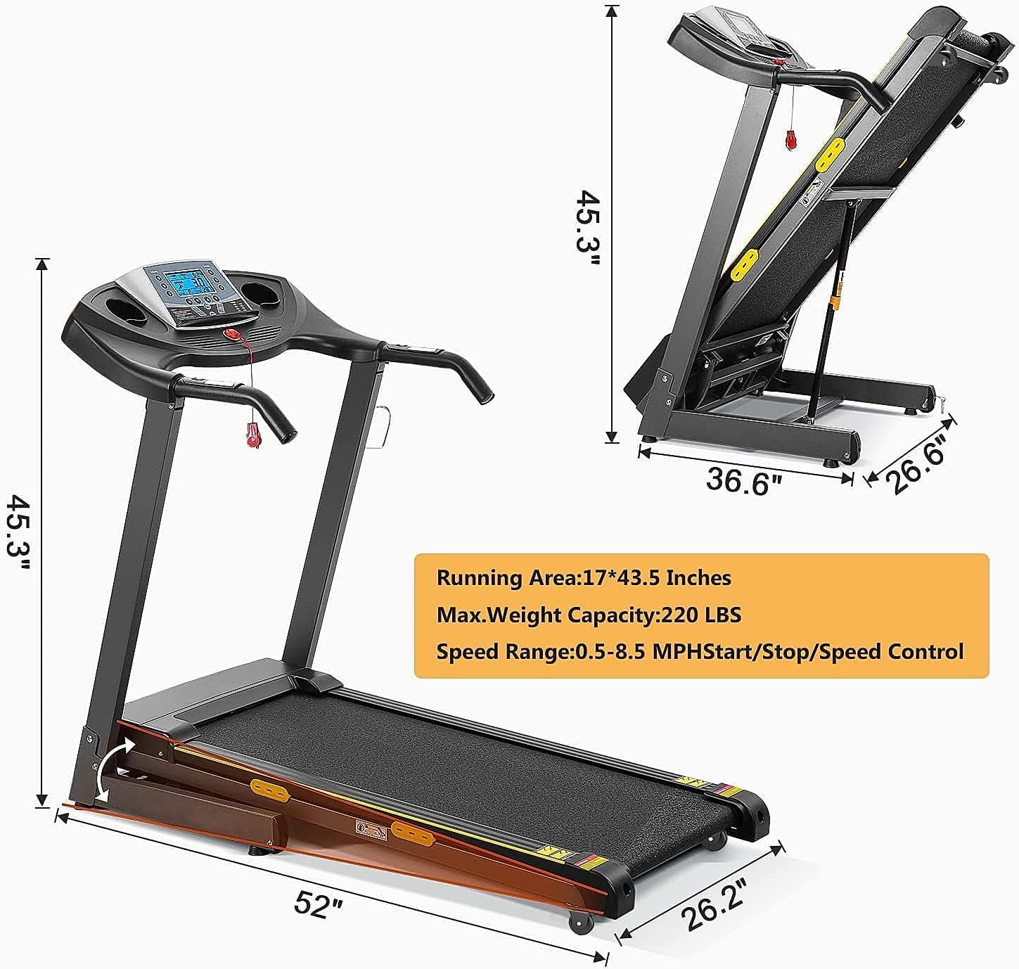 Folding Electric Treadmill with 12-Level Automatic Incline, 2.5 HP Motor, 8.5 MPH Speed, and 15 Preset Training Programs for Home Use