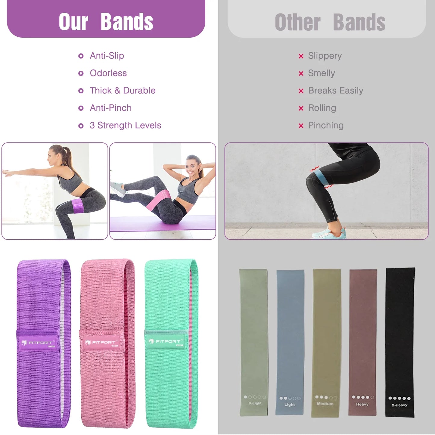 Professional Resistance Bands for Leg and Glute Workouts - Non-Slip Elastic Booty Bands with 3 Resistance Levels for Women's Fitness and Squat Training
